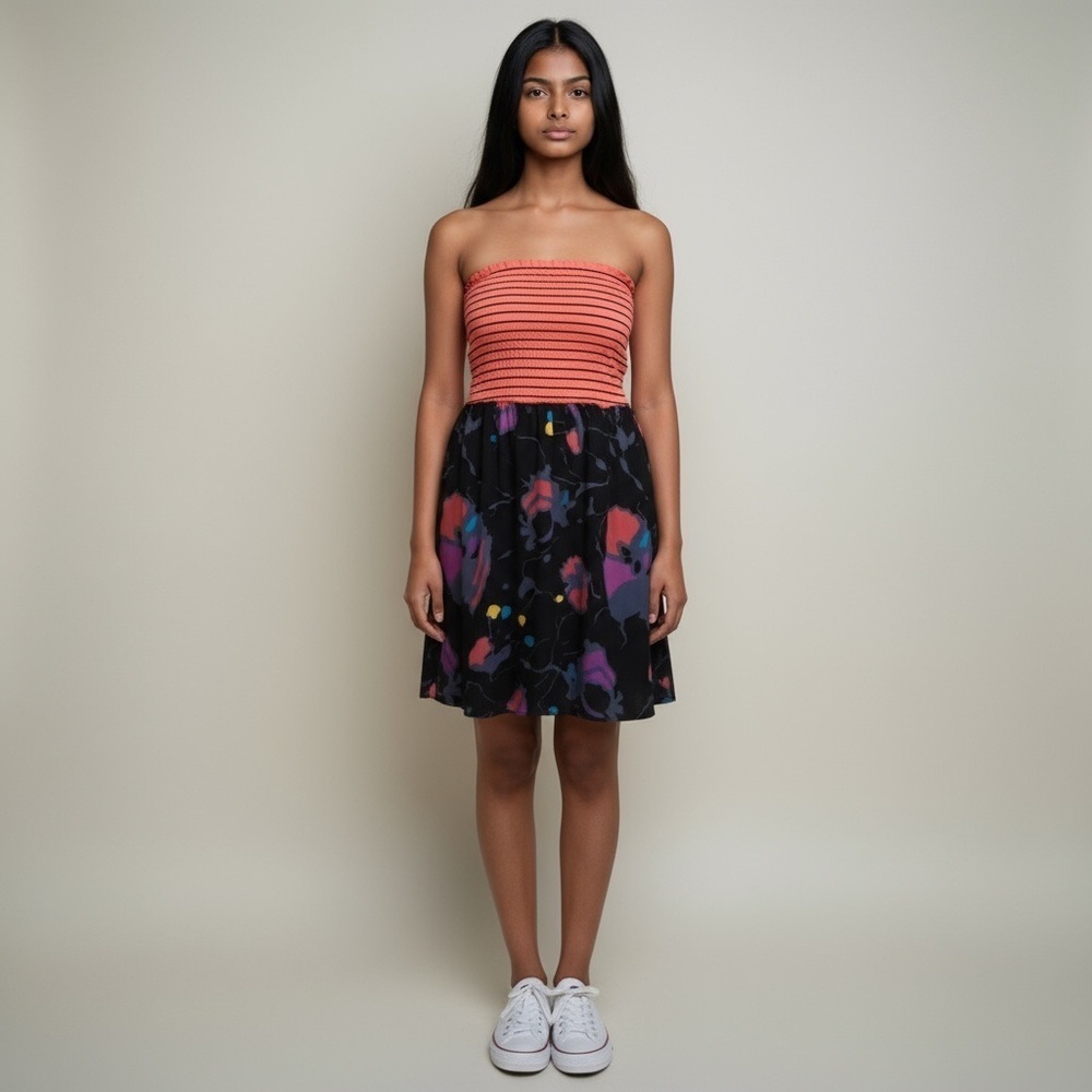 Roxy Coral and Black Striped Strapless Dress